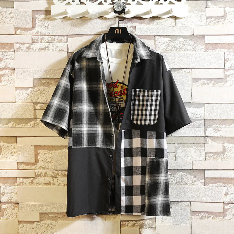 Harajuku Fashion Japanese Style Mens Short Sleeve Plaid Shirts Male Patchwork Summer Streetwear 100%Cotton Shirt Chemise Homme