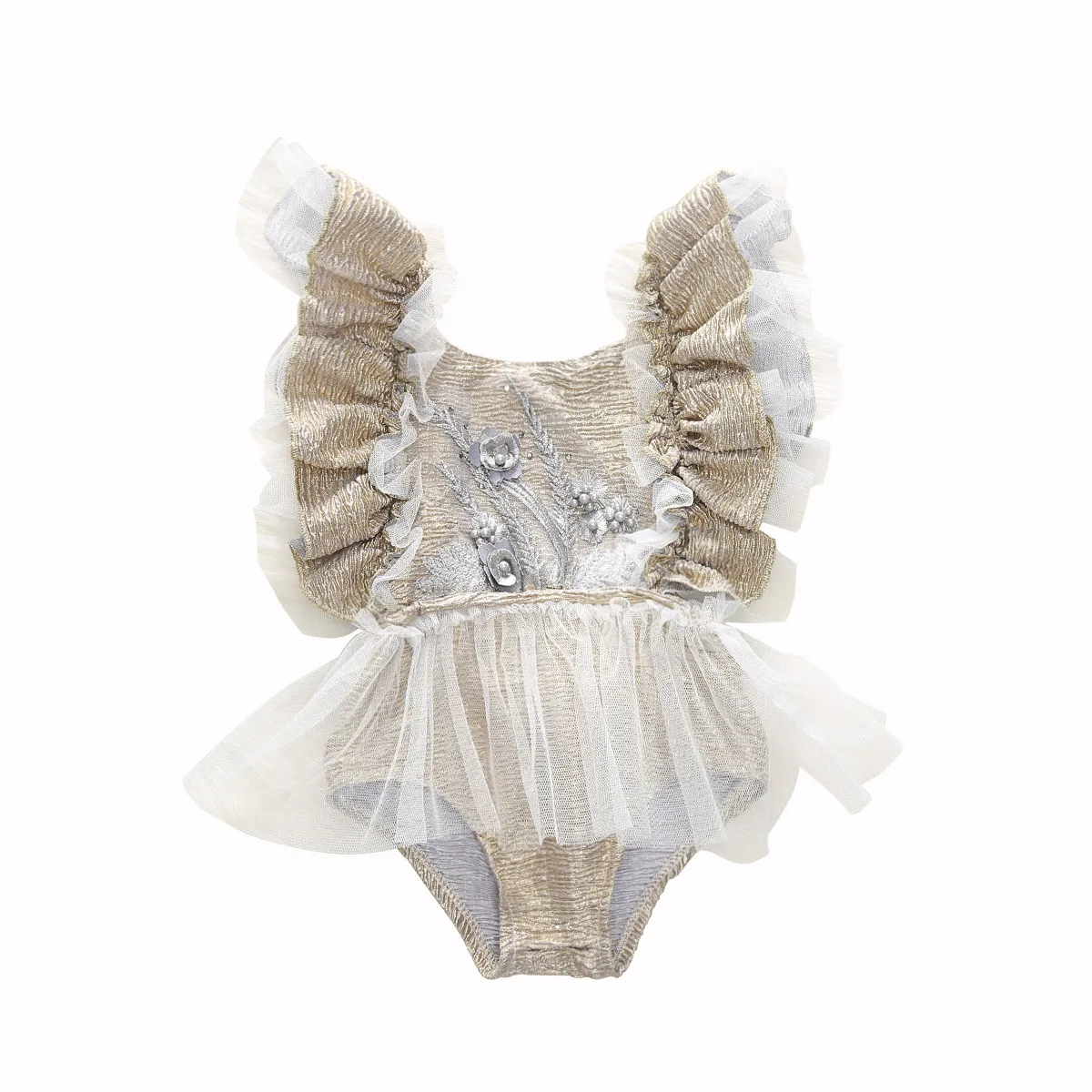 Boutique Girl Lace Princess Romper Summer Infant Flower Embroidery Fly Sleeve Tulle Infant Jumpsuit Sweet Newborn Gauze Onesie S278