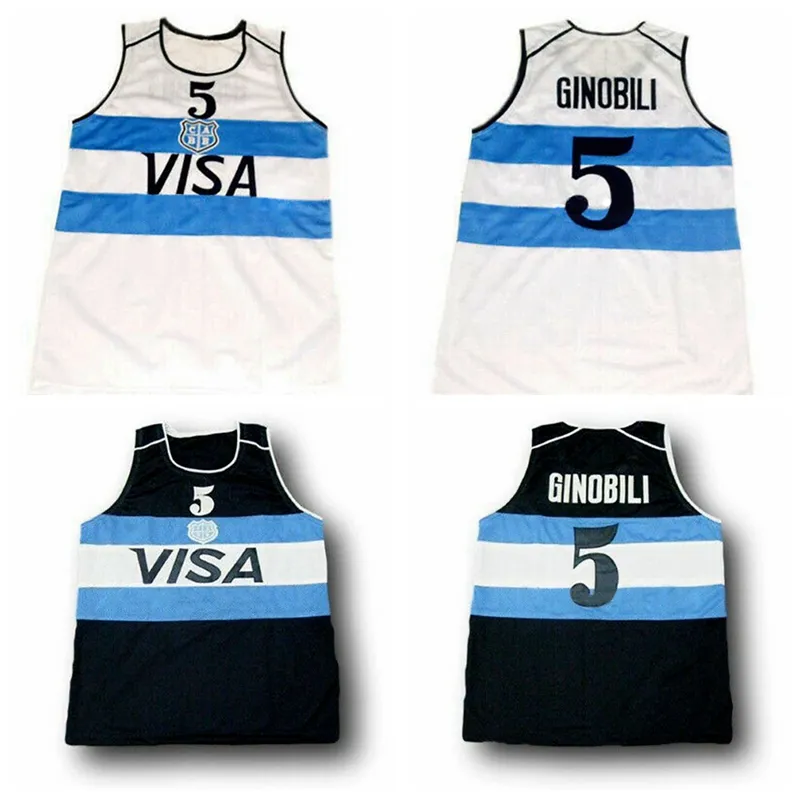 Manu Ginobili #5 Team Argentina Basketball Jersey Herr Sätt Vita marintröjor Anpassade gjorde valfritt namnnummer Storlek 2XS-6XL