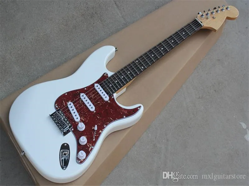 Fabriek groothandel witte lichaam elektrische gitaar met 3 pickups, rode pickguard, chroom hardwares, palissander fretboard, aanbod uitgesneden