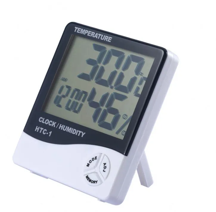 HTC-1 LCD Digital temperatur Hygrometer Klockfuktighetsmätare Hem Inomhus Utomhus Hygrometer Termometer Väderstation med klocka