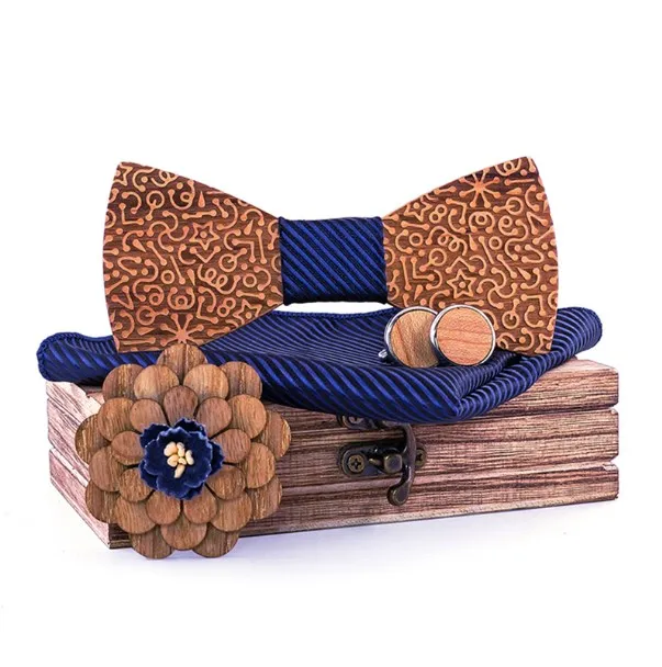 Fashion Hommes Boîte d'arc en bois Bleu Bleu Strip Sculpté Sculpture auto-Bowtie Homme Entreprise Mariage Boutons de manchette Accessoires Gravata Bowknots