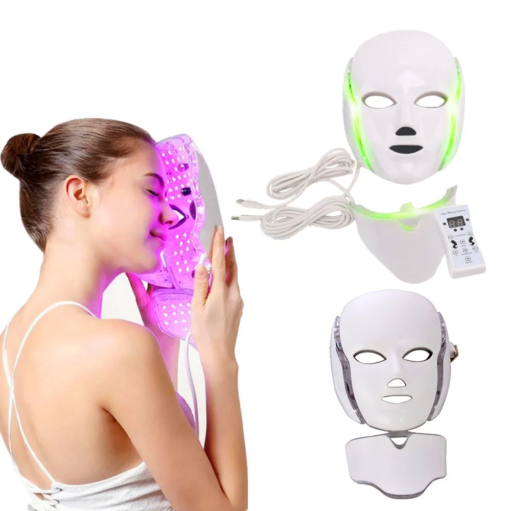 Máquina de belleza facial de fototerapia LED de Spike 7 Color LED Máquina de cuello facial LED con dispositivo de blanqueamiento de piel de micro corriente DHL ENTREGA GRATUITA