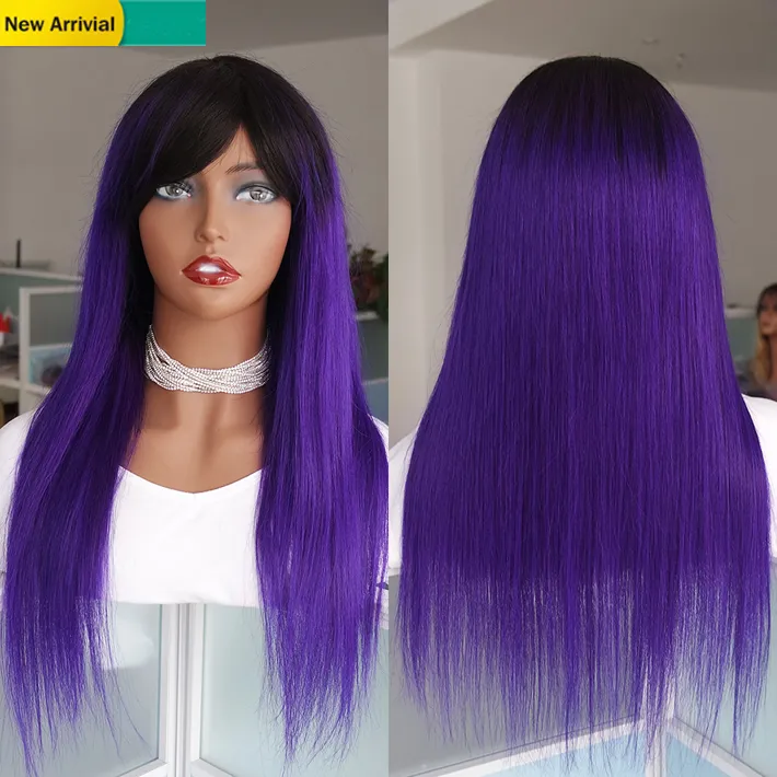 Violet Ombre Perruque de Cheveux Humains Avec Front Bang Pour Les Femmes Noires Longue Ligne Droite Raw Indian Remy Glueless Dentelle Perruques Pas Cher Fabriqué À La Machine Perruque Colorée