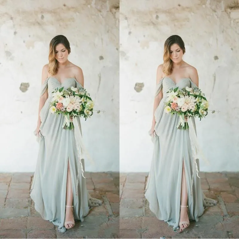 Sage Boho Bridesmaid Dresses 2021 Eleagnt Long Wedding Guest Dress Chiffon Off Shoulder Side Split Plus Size Maid of Honor Gowns