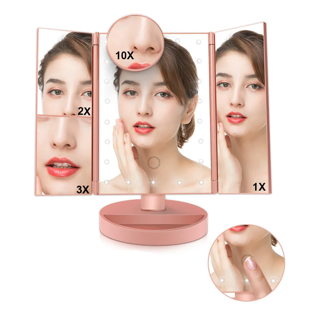 Miroir de maquillage LED avec 22 lumières miroirs grossissants à écran tactile 3 miroirs réglables pliants