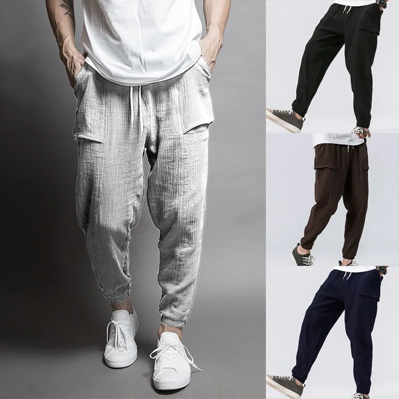 Calças masculinas de alta qualidade homens hip hop algodão linho cordão cintura bolso solto lápis casual harem calças calças