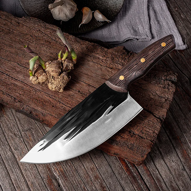 High Carbon Steel Hand Forged Kitchen Chef's Knife Sharp Meat Cleaver Butcher Slaughter Knife Full Tang Color Wooden Handle Outdoor Camping