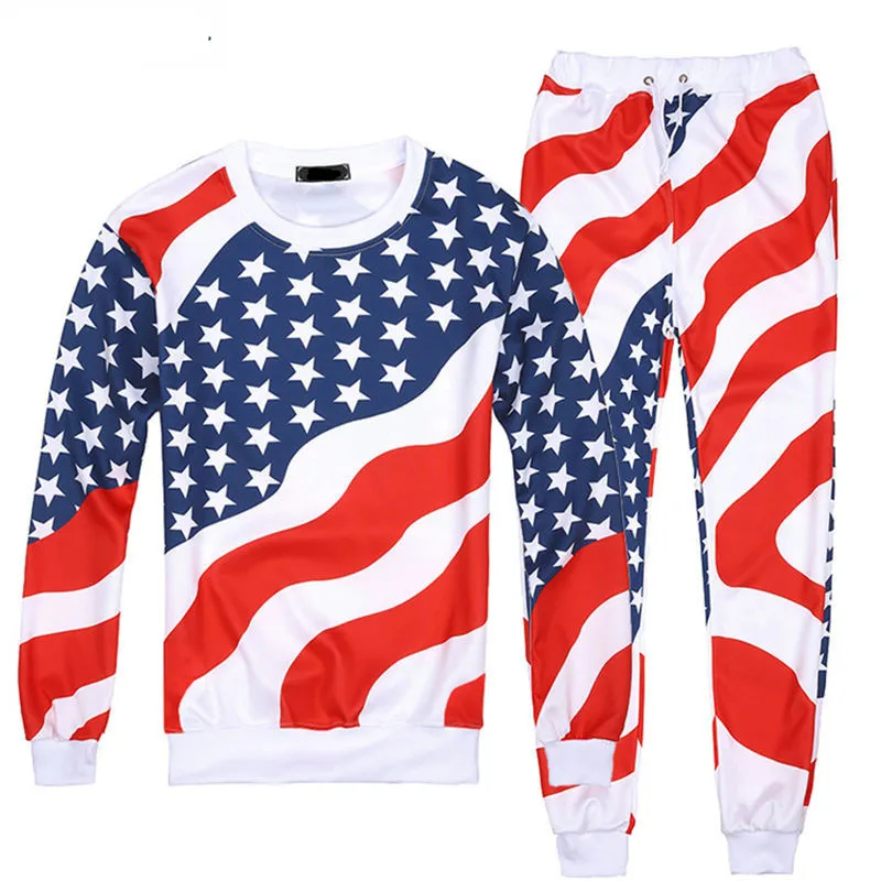 Mulheres Bandeira de Nova Moda Masculina / American Imprimir Fatos Crewneck Sweatshirt + Pants 2pcs Capuz corredores conjunto Plus S-XXL