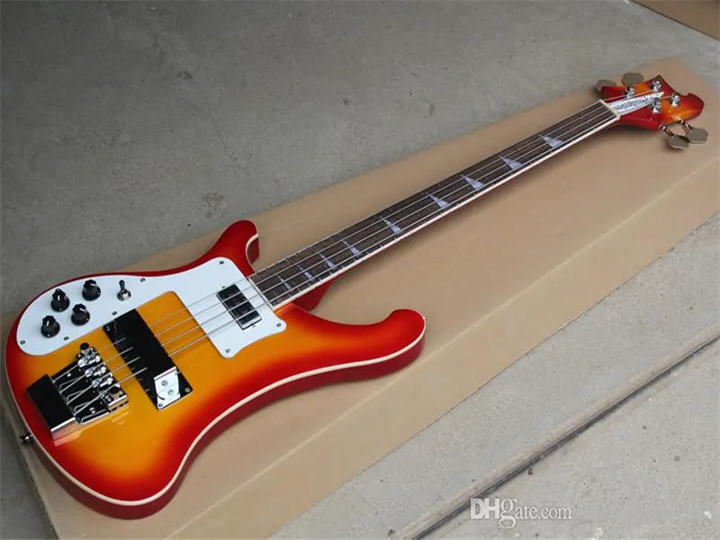 Cherry Sunburst 4-String Electric Bass Guitar med vänster, vit pickguard, Chrome Hardwares, erbjuder anpassade