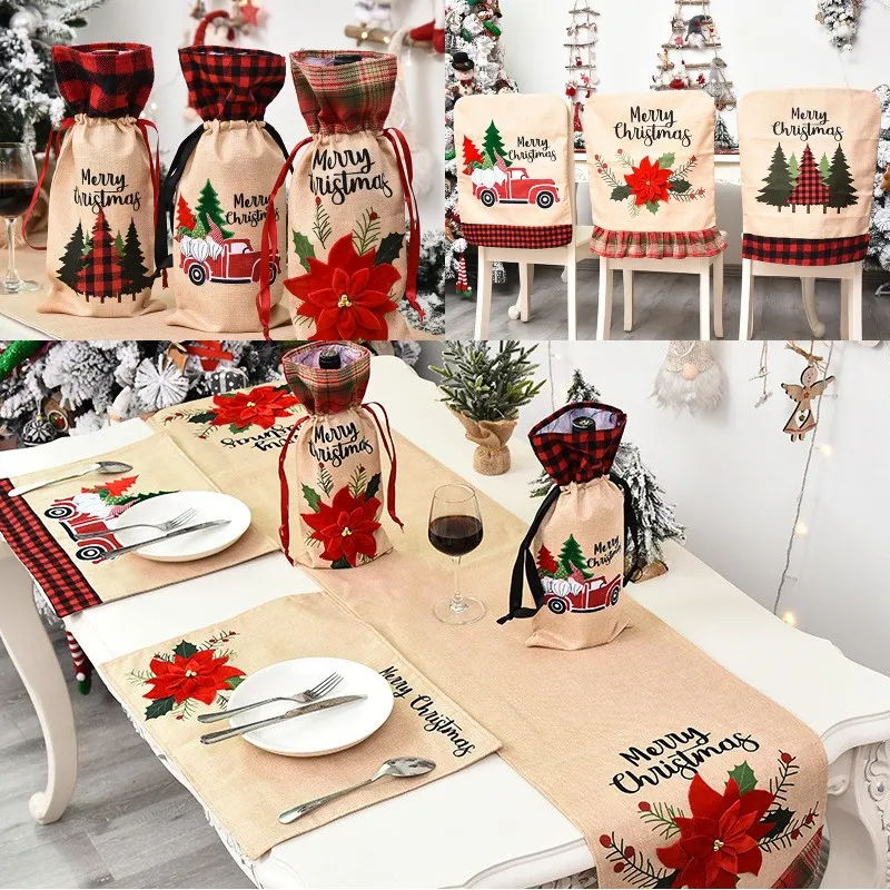 Silla de Navidad Decoración de mesa Enrejado Lino Vino Cerveza Botella Cubierta Feliz Navidad Año Nuevo Cocina Suministro decorativo