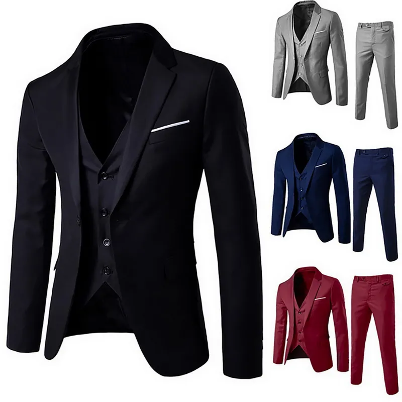 2020 Uomini 3 pezzi Blazer Completi da uomo Nero Grigio Rosso Classico Business Blazer + Vest + Pant Set formali per la festa nuziale