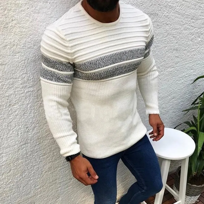 Striped pulôver camisola homens 2020 outono homens o pescoço de malha puxe desgaste ocasional fit inverno patchwork knittwear suéter básico