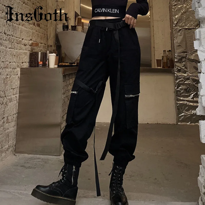 Indien Zwart Hoge Taille Cargo Broek Dames Harajuku Streetwear Casual Joggers Lange Broek met Riemen Vrouwelijke Losse Koreaanse stijl T200729