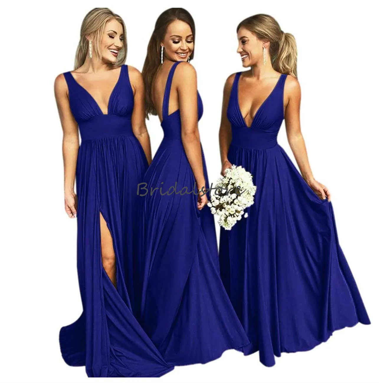 Sexy Royal Blue robes de demoiselle d'honneur V cou étage longueur longue Pucelle d'honneur Invité de mariage Robes 2020 Pays pas cher robe de demoiselle d'Afrique