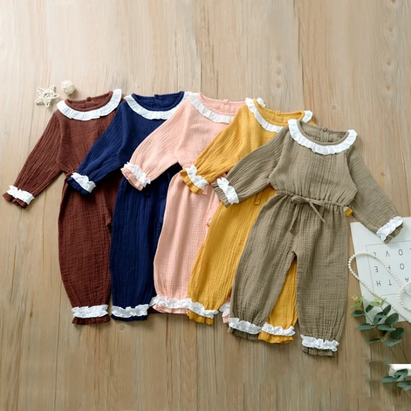 Baby Girl Clothes Lace Toddler Girls Romper Back Button Infant Jumpsuits Long Sleeve Children Outfits Designer Baby Clothing 5 Colors DW4300