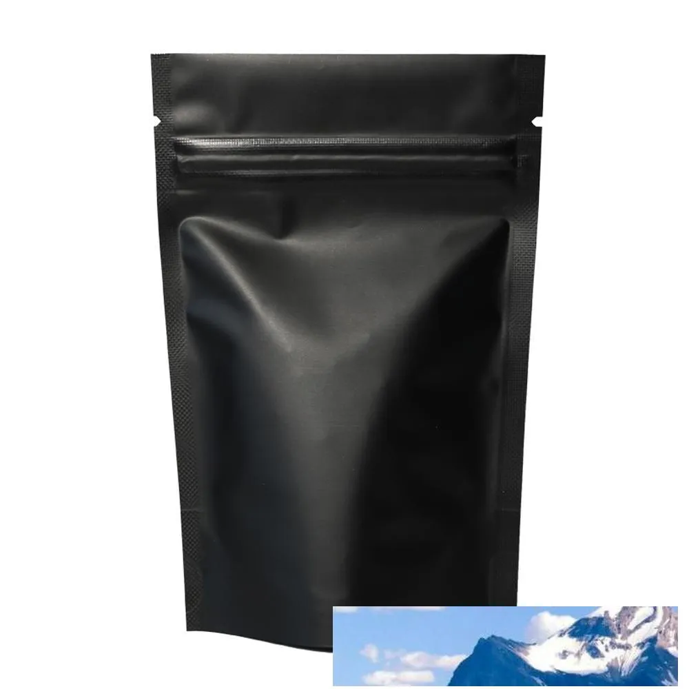 100 Uds. Bolsas de paquete con cierre de cremallera de sellado térmico papel de aluminio Mylar Tear Notch negro mate bolsa de pie Whole264r