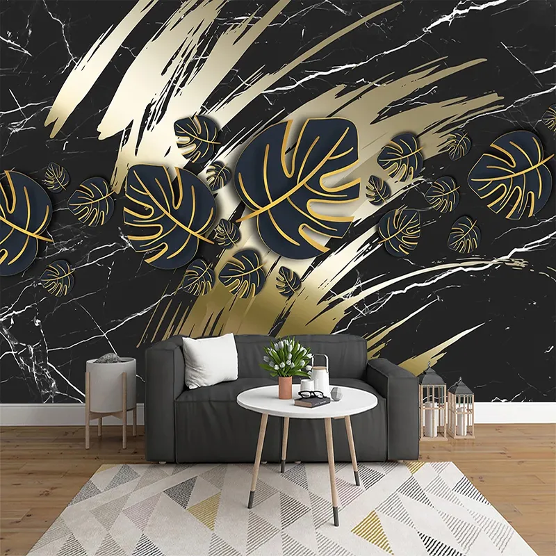 Papel pintado con foto personalizada 3D creativo negro dorado hojas patrón de mármol sala de estar sofá TV Fondo papeles tapiz decoración del hogar