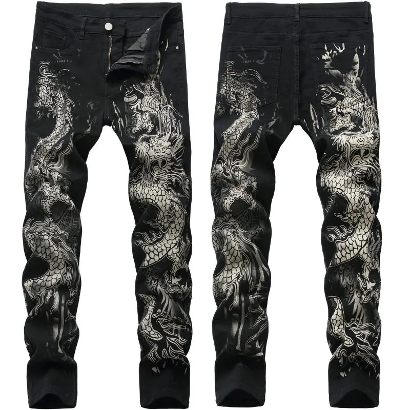 Модные джинсы с принтом дракона, дизайнерские мужские джинсовые брюки, мужские оригинальные брендовые повседневные хлопковые узкие брюки-карандаш, мужские черные Jean202B