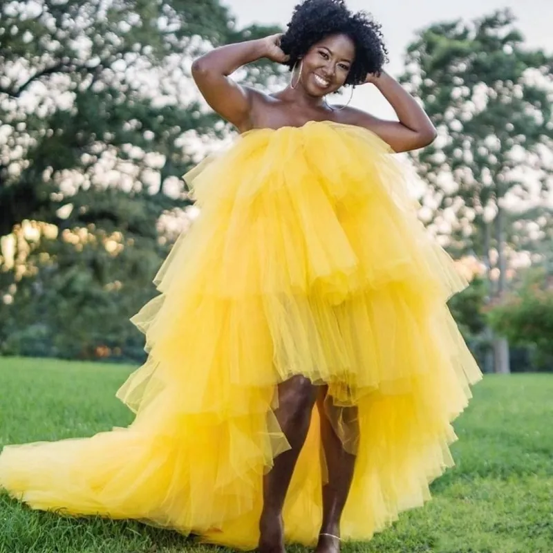 Plus Size African Yellow Strapless High Low Tiered Yellow Evening Gown For  Black Girls Perfect For Prom, Cocktail Parties, And Dubai Events From  Werbowy, $98.25