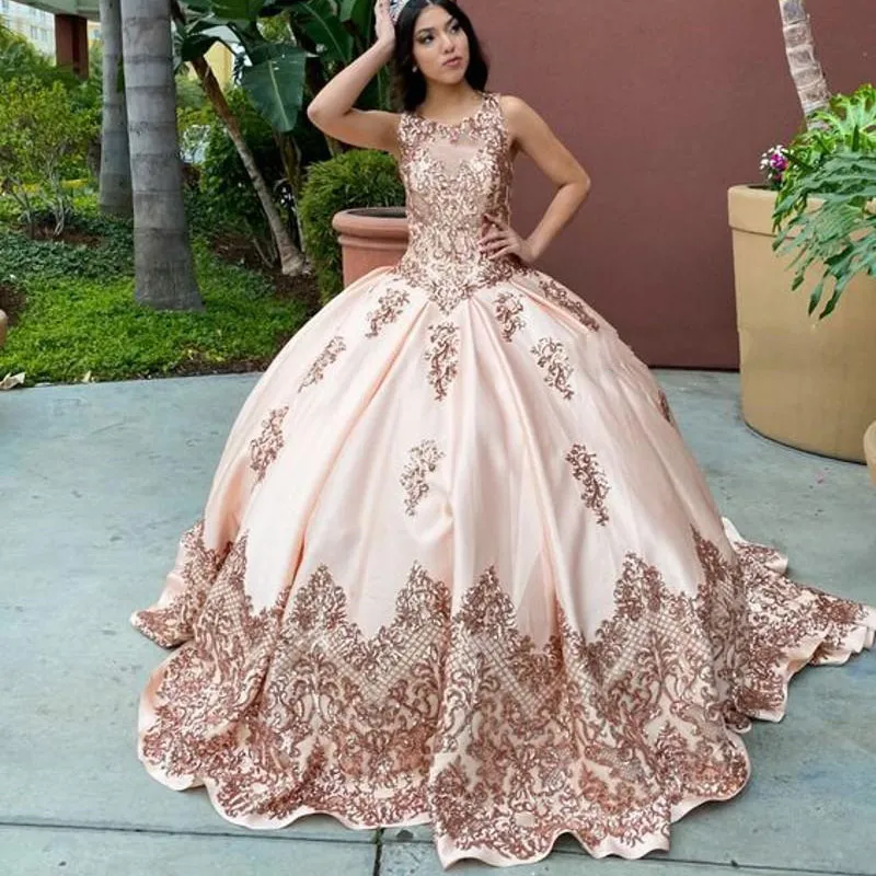 Hellrosa glitzerndes Ballkleid-Quinceanera-Kleid mit Juwelenausschnitt, ärmellos, Sweet-16-Kleid, Sweep-Zug, Quinceanera-Kleid