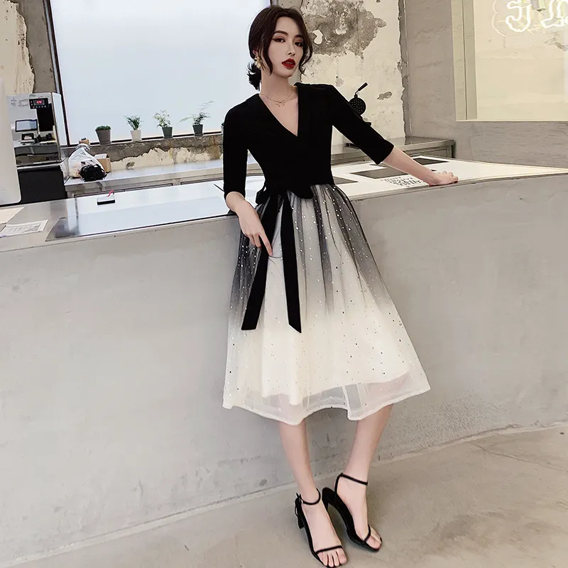 Estilo Oriental vestido de fiesta de boda para mujer negro de noche de Cheongsam Qipao Longitud elegante rodilla Vestidos Largos Vestido retro XS XXXL