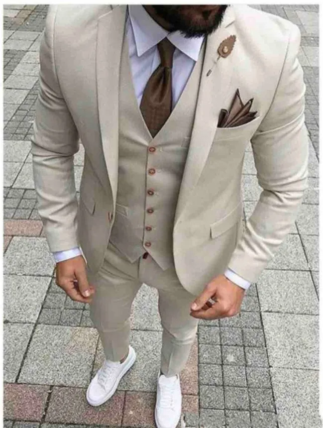 Excellent Beige 3 Piece Suit Men Wedding Tuxedos Notch Lapel Groom Tuxedos Men Business Dinner Prom Blazer(Jacket+Pants+Tie+Vest) 37