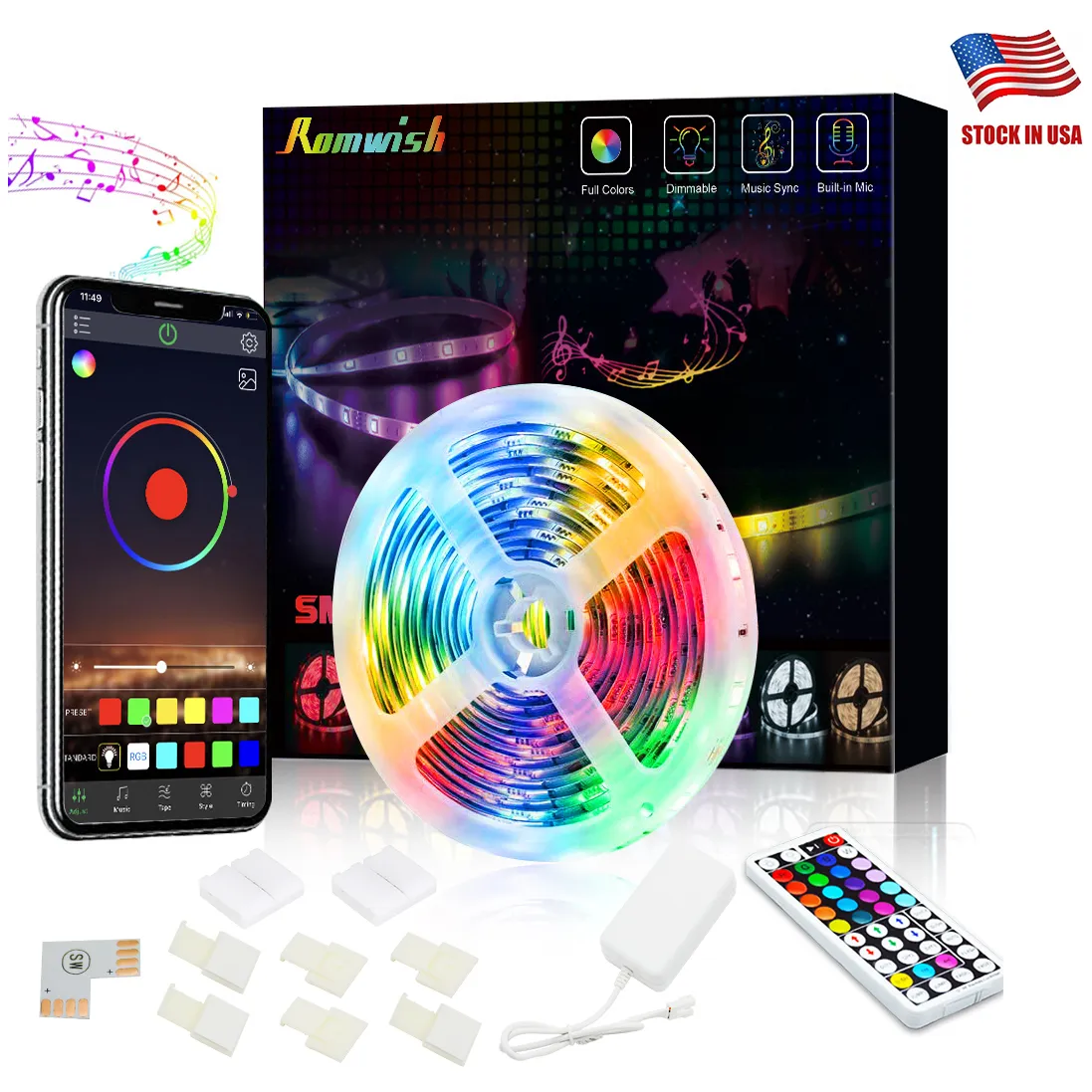 Retail Box SMD 5050 Led Strips RGB Lights Kit Waterproof IP65 300 LEDS Bluetooth App 44 Keys Remote Control 12V 5A Power Supply