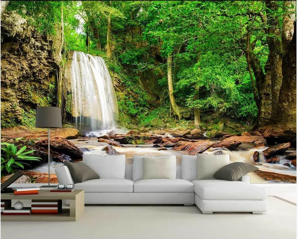 Custom photo wallpapers for walls 3d mural Beautiful flowing water waterfall forest pastoral scenery living room sofa TV background wall