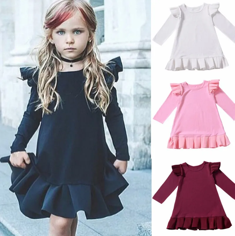 Baby Mädchen Kleider Fliegen Ärmel Kleinkind Mädchen Falten Kleid Kinder Designer Kleidung Solide Mädchen Outfits Boutique Baby Kleidung DW4342