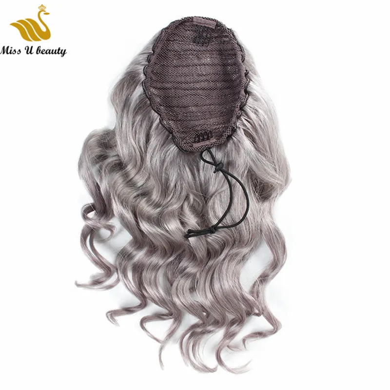 Grey Clip-In Brazilian Human Hair Wavy Drawstring Ponytail  display picture 1