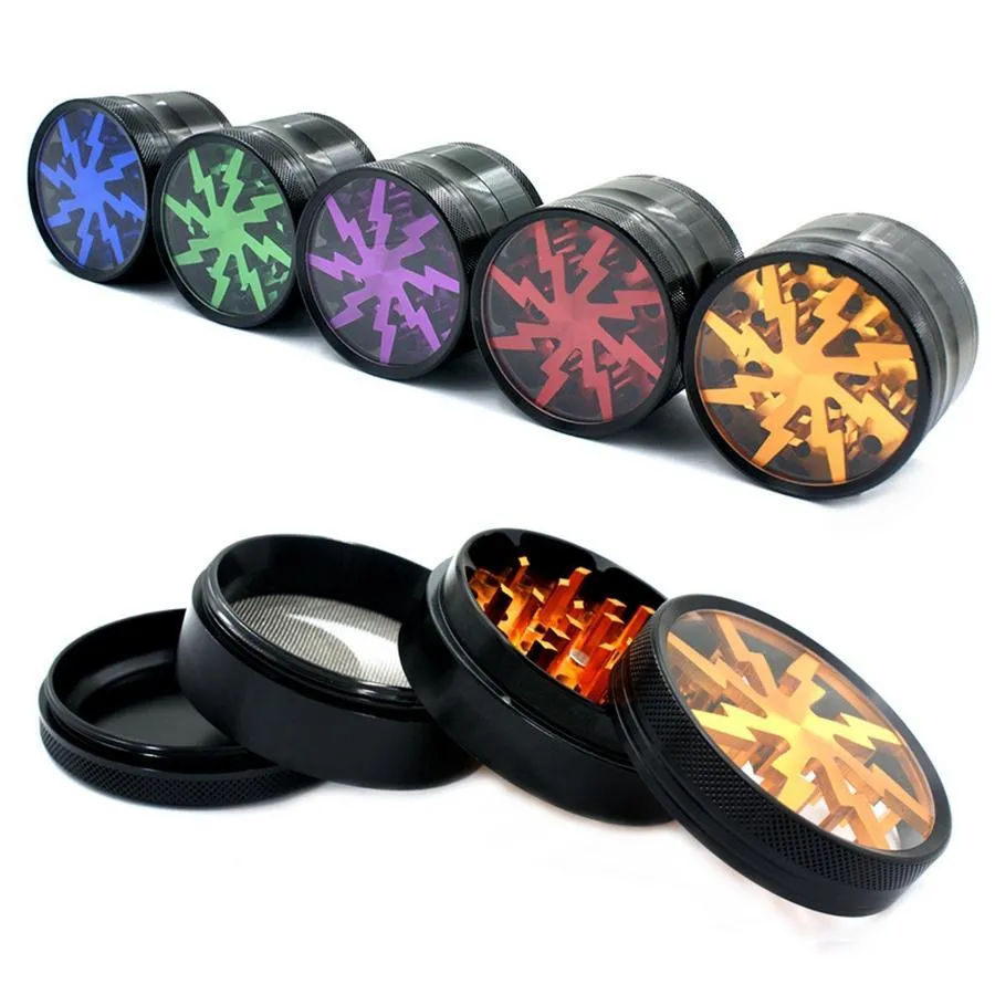 DHL 100% Metal Tobacco Smoking Herb Grinders 63mm Aluminium Alloy Grinders With Clear Top Window Lighting Grinder 4parts