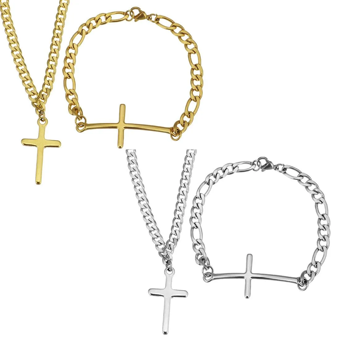 Mode voor Vrouw Mannen Jongens Rvs Sieraden Sets Dropshipping Sieraden Gift Armband Ketting Cross Curb Chain