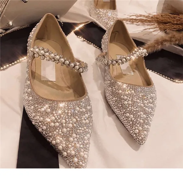 2020 Fashion Classic Woman Flat shoes Calf Leather Goat Skin Crystal Metal Jimmy Flat Shallow mouth Crystal Wedding Shoes 34-40