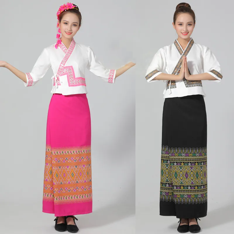 Asien elegant Festival-Bühne trägt Partei Kostüm traditionelle Dai ethnische Anzüge Thailand Frauen-Leistungskleidung halbes Hülsensommerkleid