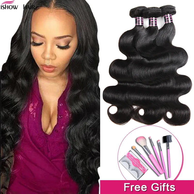 Ishow Deep Loose Kinky Curly Brazilian Body Virgin Hair Extensions Peruvian Human Hair Buntar Vatten Weft Weave för kvinnor Alla åldrar 8-28 tum Jet Black