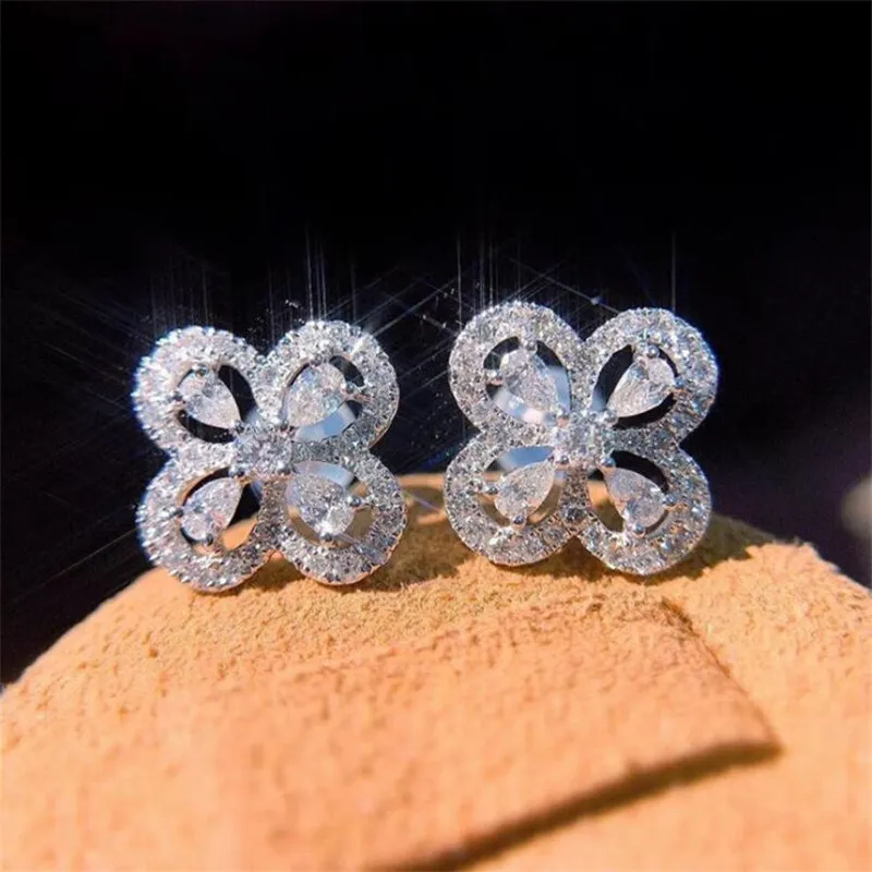 브랜드 뉴 클래식 보석 귀걸이 925 스털링 실버 디럭스 배 컷 화이트 토파즈 CZ 다이아몬드 인기있는 여성 결혼 스터드 귀걸이 선물