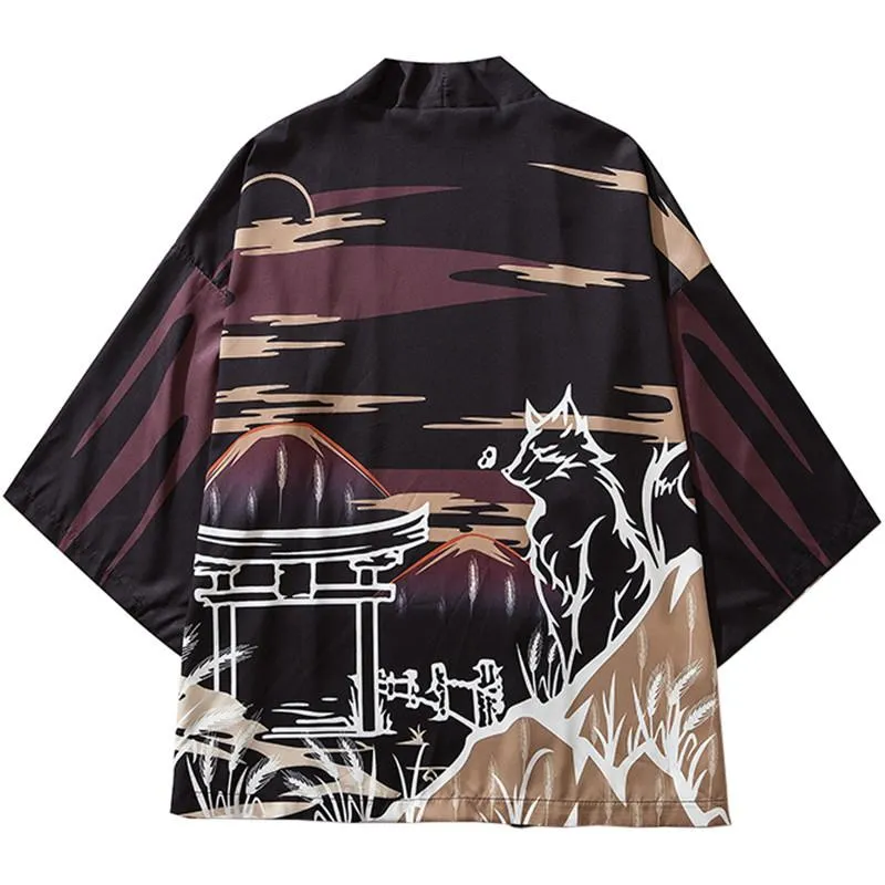 Hip Hop Men Streetwear Jacket Kimono Wolf Print 2019 Harajuku Jacket Japanese Autumn Summer Thin Gown Japan Style Street Wear