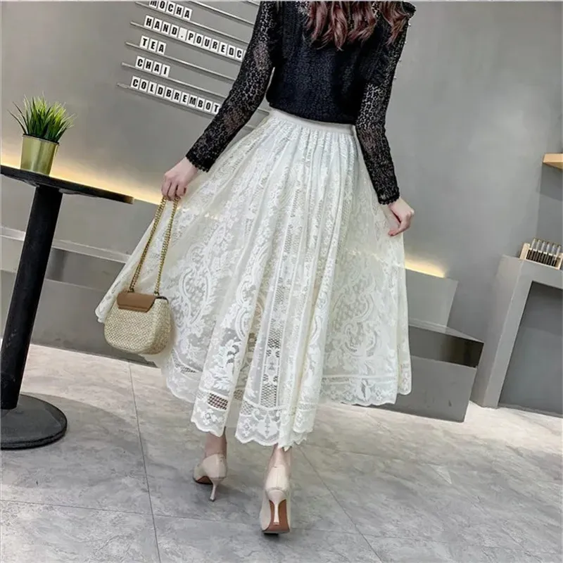 Embroidery Vintage Mesh Long Skirt  Black skirt long, Long black lace skirt,  Lace midi skirt