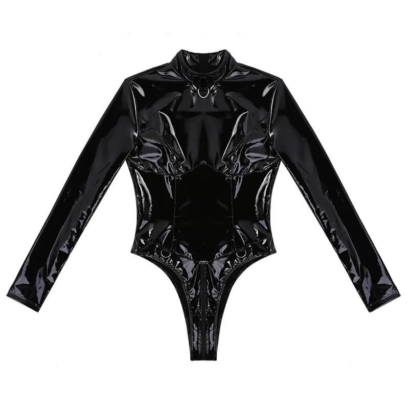 Kvinnor läder jumpsuit latex bodysuit övergripande damer wetlook baddräkt för gymnastik dubbel blixtlås nattklubb sovande leotard1295f