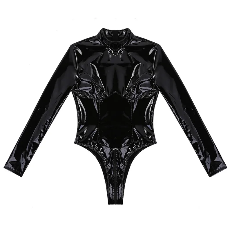 Macacão de couro feminino látex bodysuit senhoras wetlook maiô para ginástica duplo zíper night club dormir collant1295f