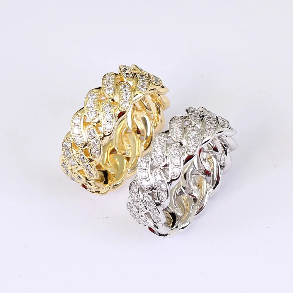 8mm Iced Out Hip Hop Ring Men Women Gold Silver Zircon Ring Rings Cuban Chain Shape Ring 611 Size7426833