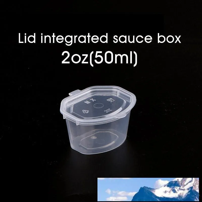 50ml / 2ozの使い捨て可能なプラスチック調味料の調味料蓋ソースのチュチニー箱のクリアの取り出しボックスフードテイクアウトサラダミニ収納ボックス100ピース