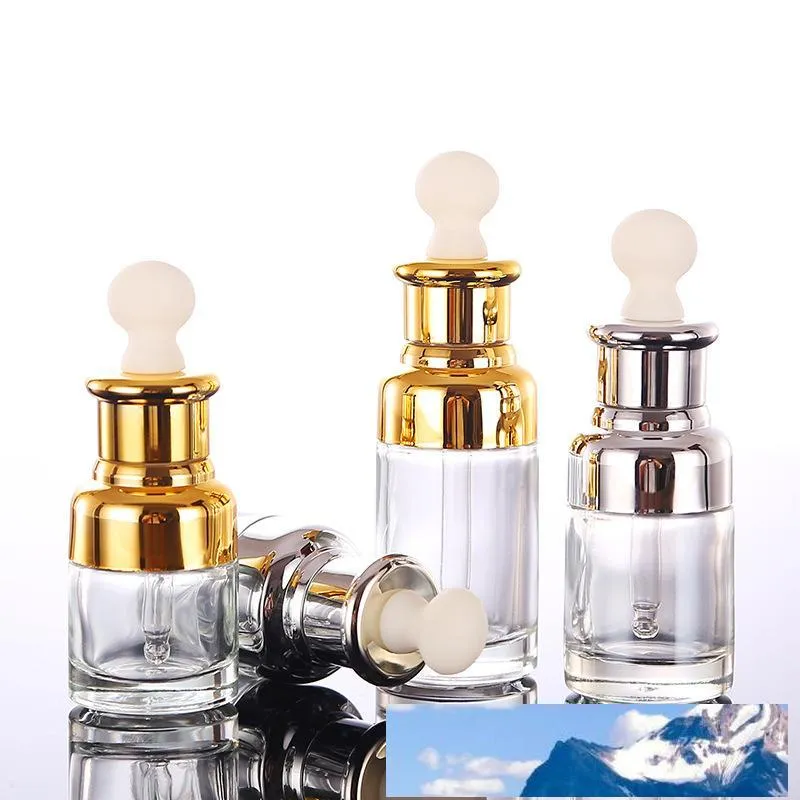 Rensa glas Essential Oil Perfume Flaskor Flytande Reagenspipettflaskor Ögondroppar Aromaterapi Pläterad Guld Silver Cap 20-30-50ml Grossist