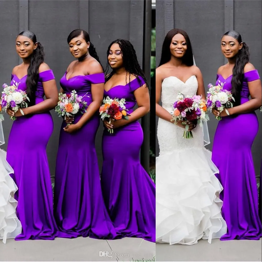 Cheap Sexy Purple Mermaid Bridesmaid Dresses African Off Shoulder Open Back Sweep Train Plus Size Wedding Guest Dress Maid of Honor Gowns