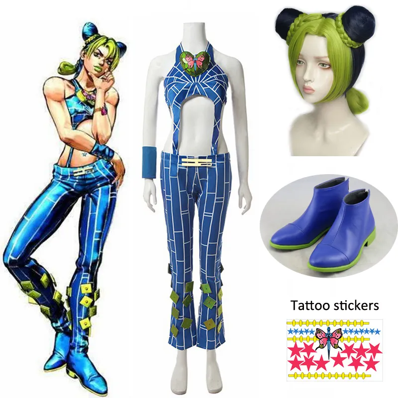 Anime jojo bizarre äventyr cosplay jolyne cujoh wig skor kostym nime jolyne cujoh kostym sexiga toppar byxor armband