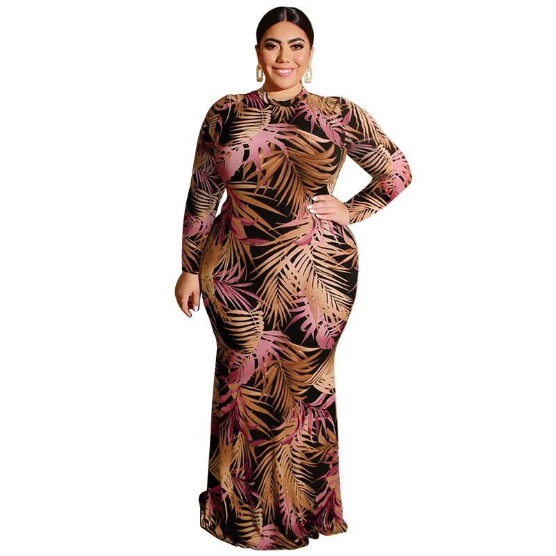 Plus Size Leaf Print Long Maxi Dress with Sleeves with Tight Fit, Hip Hollow Waistband, and Bag - Affordable Women's Maxi Dress with Sleeves