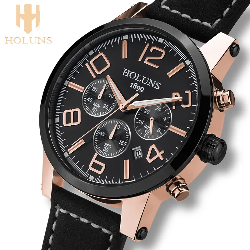 CWP большой циферблат кожаный ремешок кварцевые мужские часы мода винтажные часы водонепроницаемый многофункциональный мужчина брендов Holuns
