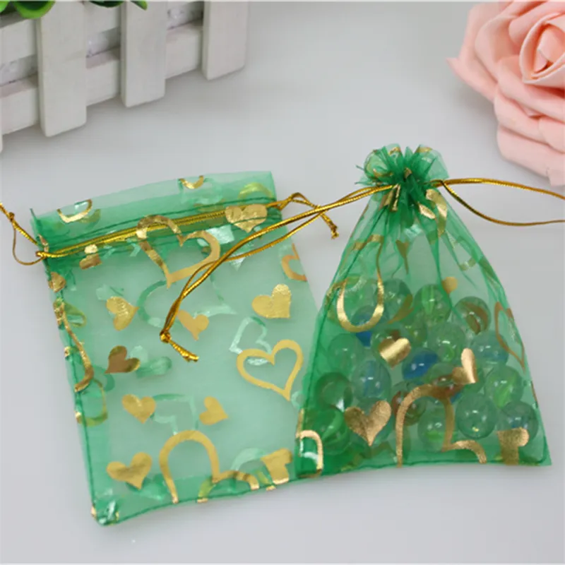 2019 offre spéciale 200 pcs/lot 13x18 cm vert Organza Brozning pochettes avec or coeur faveur mariage cadeau sacs