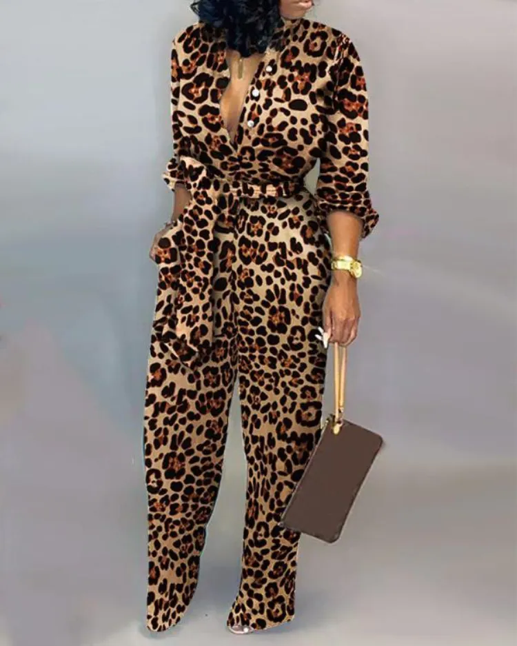 Damskie kombinezony Pajaczki Sexy Kobiety Romper Leopard Wiązany Talia Długi Rękaw Kombinezon Moda Casual Styl dla S-XL